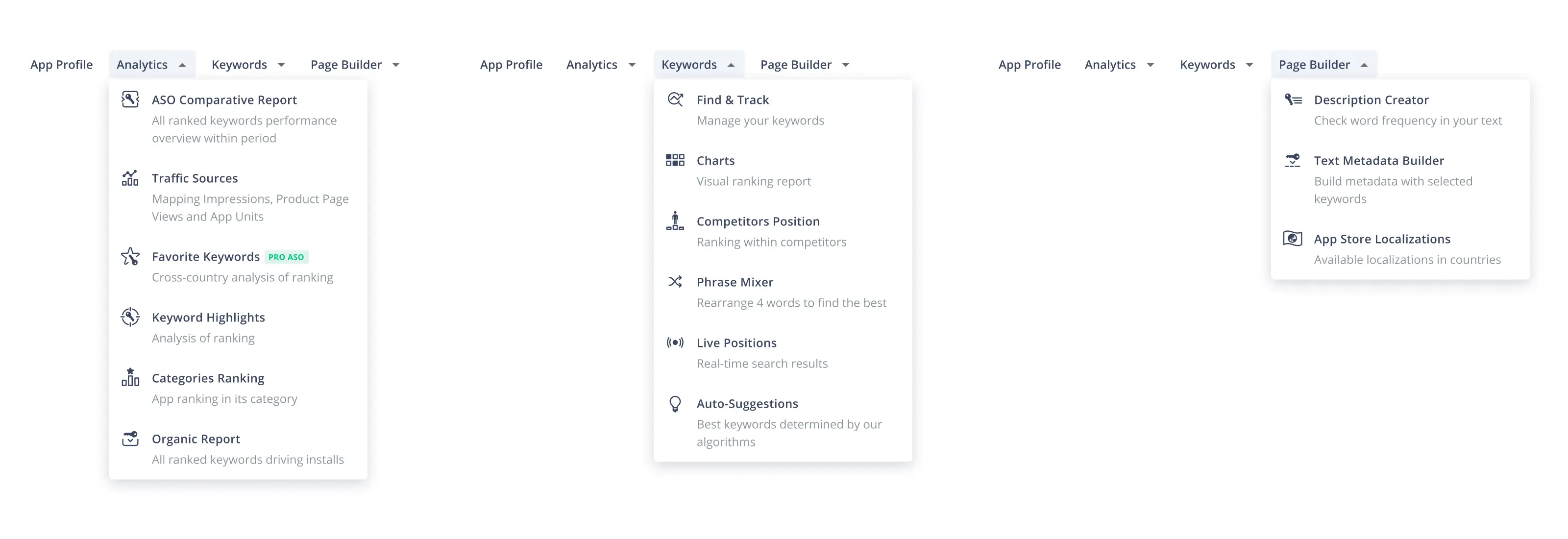 Meu dropdowns of Asodesk's navigation