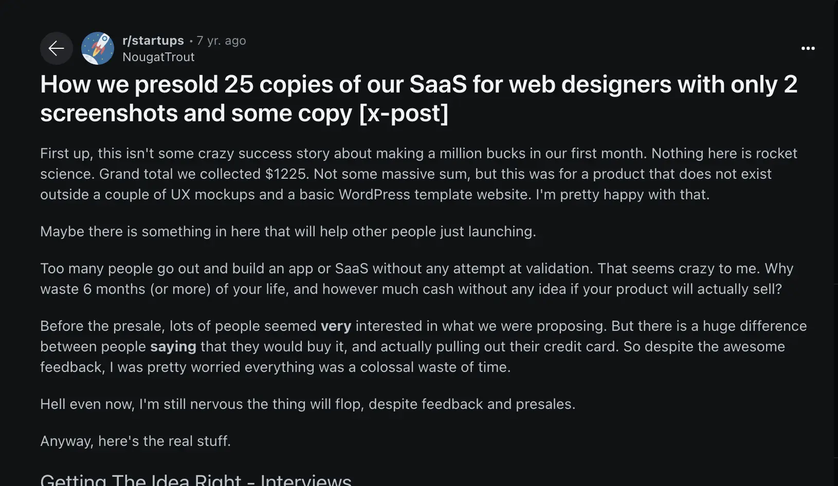 Reddit screenshot of a story of a founder who sold 25 copies of a non-existent product on pre-sale, using only screenshots to convince people of the product's demand.